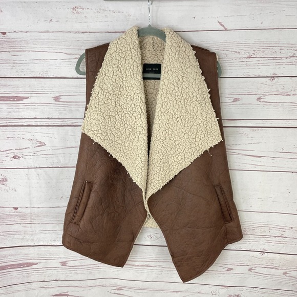 Love Tree‎ Brown Sleeveless Open Style Vest Jacket Casual Sherpa Lined Size M - Picture 1 of 9